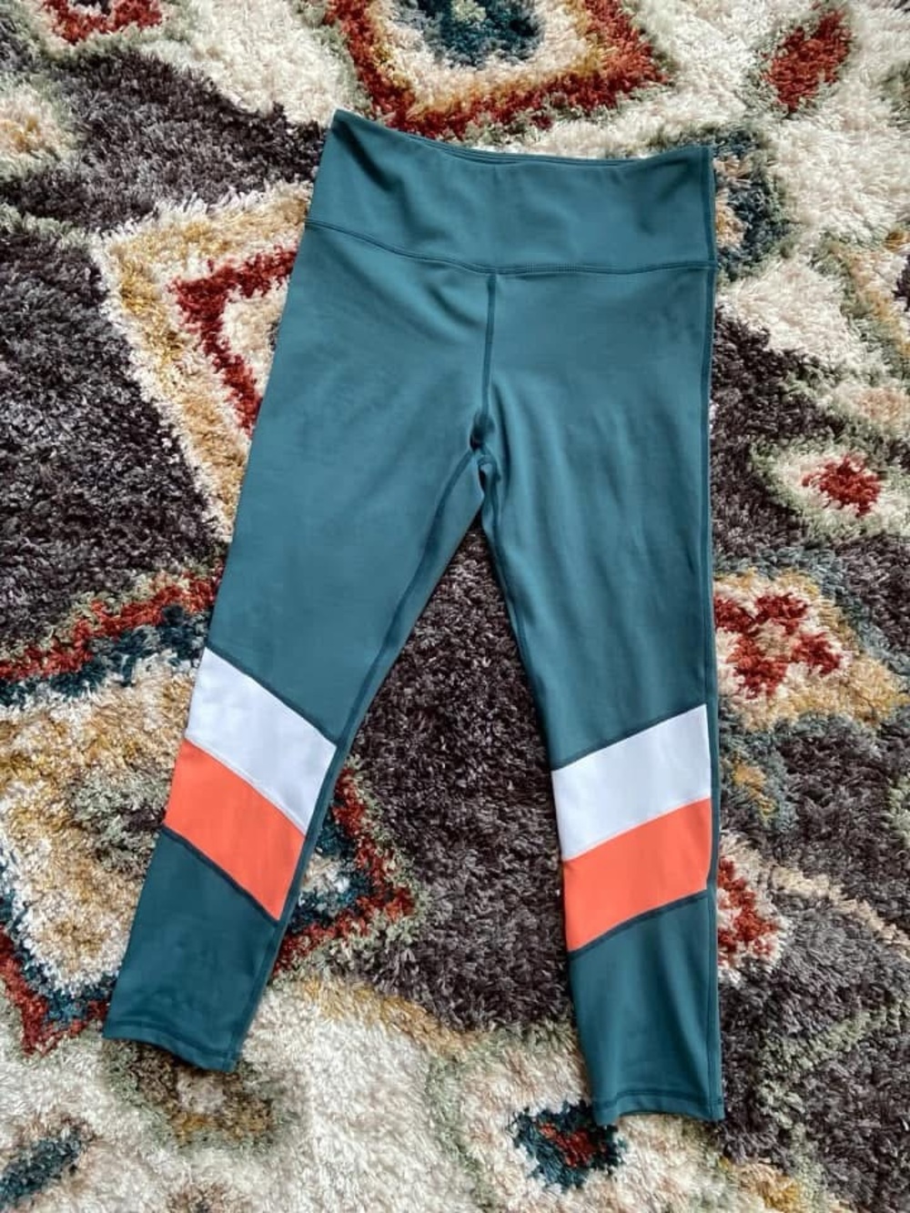 ZYIA Teal Leggings with White and Coral Colorblock Panels - Size 8/10
